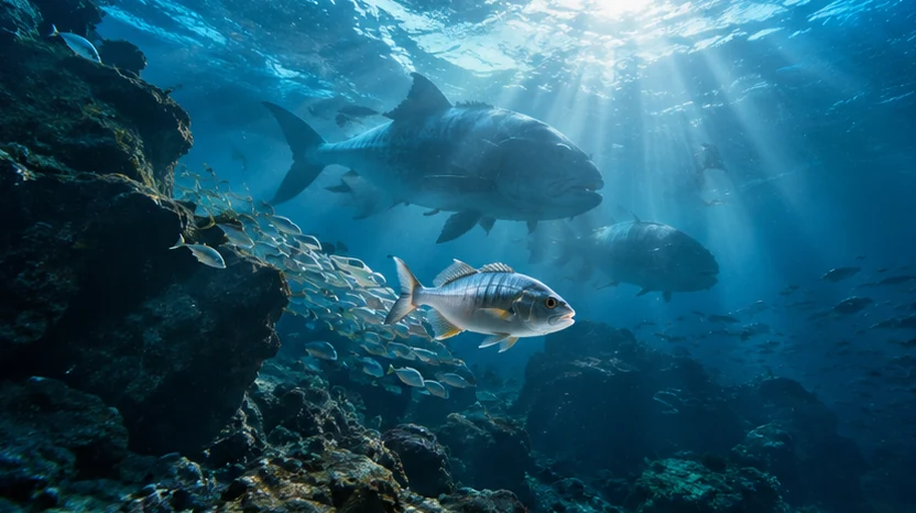 Sobreviver e crescer no oceano Peixe pequeno em água profunda com predadores maiores ao fundo