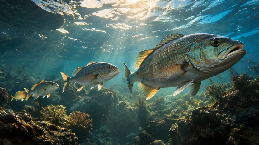 Ciclo de crescimento Sequência de peixes de tamanhos diferentes num recife iluminado