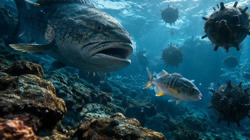 Perigos do oceano Peixe em primeiro plano entre predadores e obstáculos subaquáticos