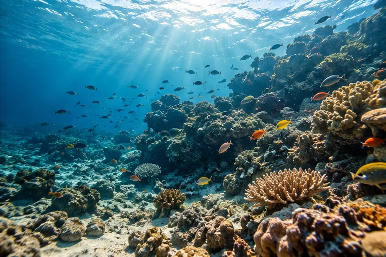 Recife amplo com cardumes e profundidade azul iluminada