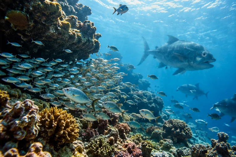 Cardume de peixes pequenos junto a recife com predador ao fundo