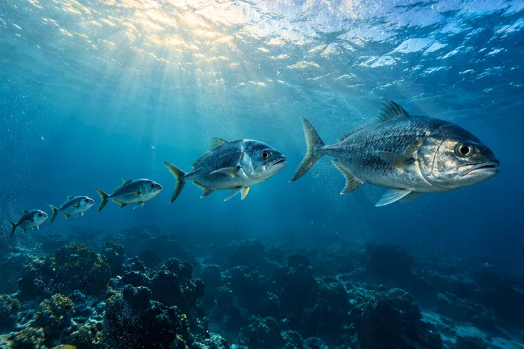 Peixes em sequência crescente sobre um fundo oceânico aberto