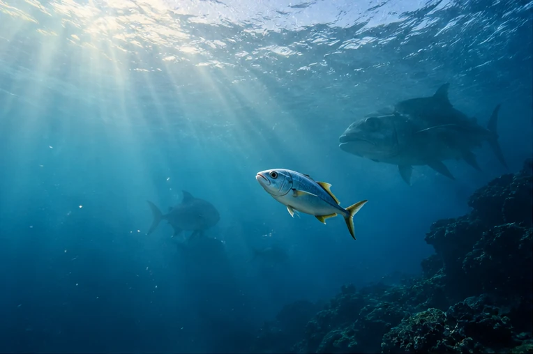 Estratégia e distância Peixe isolado em espaço aberto com predadores distantes